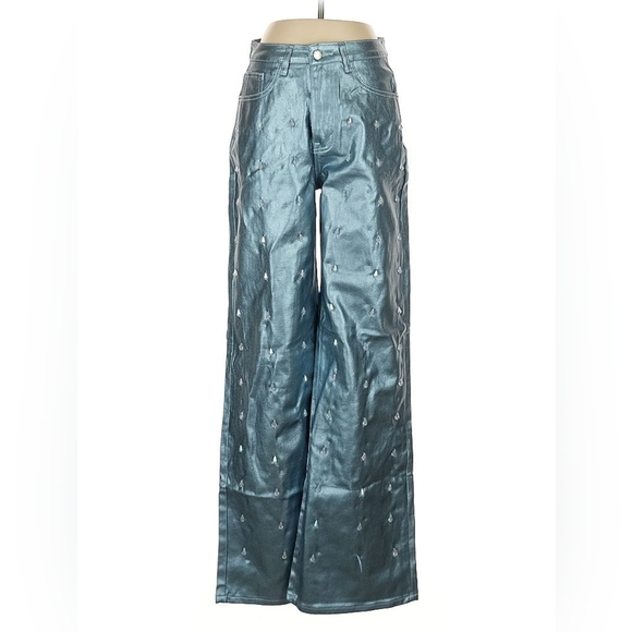 PrettyLittleThing Metallic Teal Wide Leg Jeans Size 6 - Picture 2 of 7